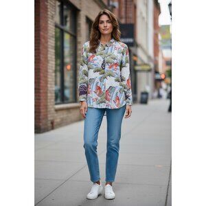 Citrón Santa Monica Silk Koi Fish Print Button-Up Shirt Mandarin Collar M